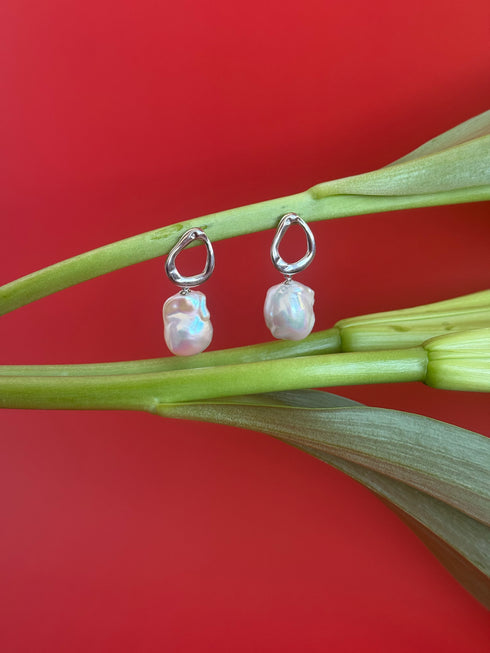 Modern Silver Triangle Baroque Pearl Earrings